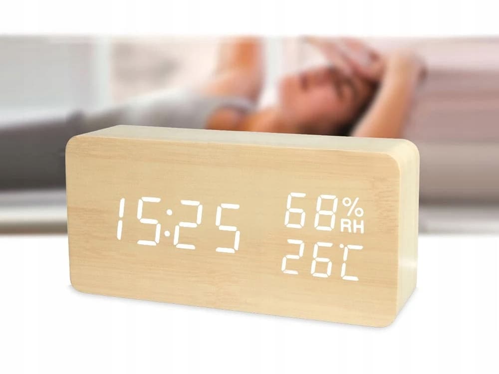 Elektronický budík s teploměrem a vlhkoměrem VERK - USB - dřevěný dekor - náhled 4