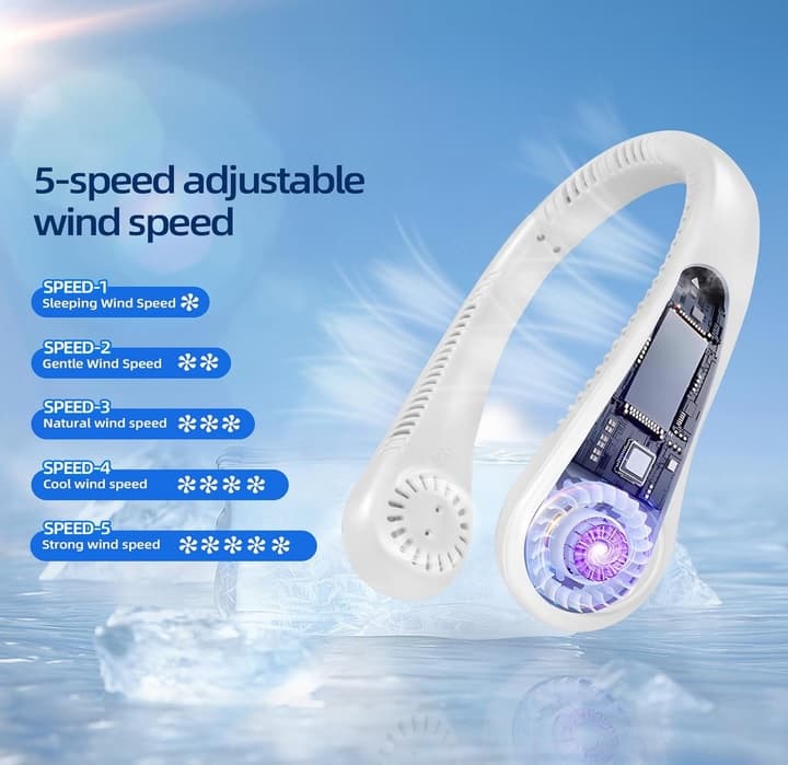XINGHUA Přenosný dobíjecí ventilátor na krk s 5 rychlostmi a LED displejem - bílý - náhled 2