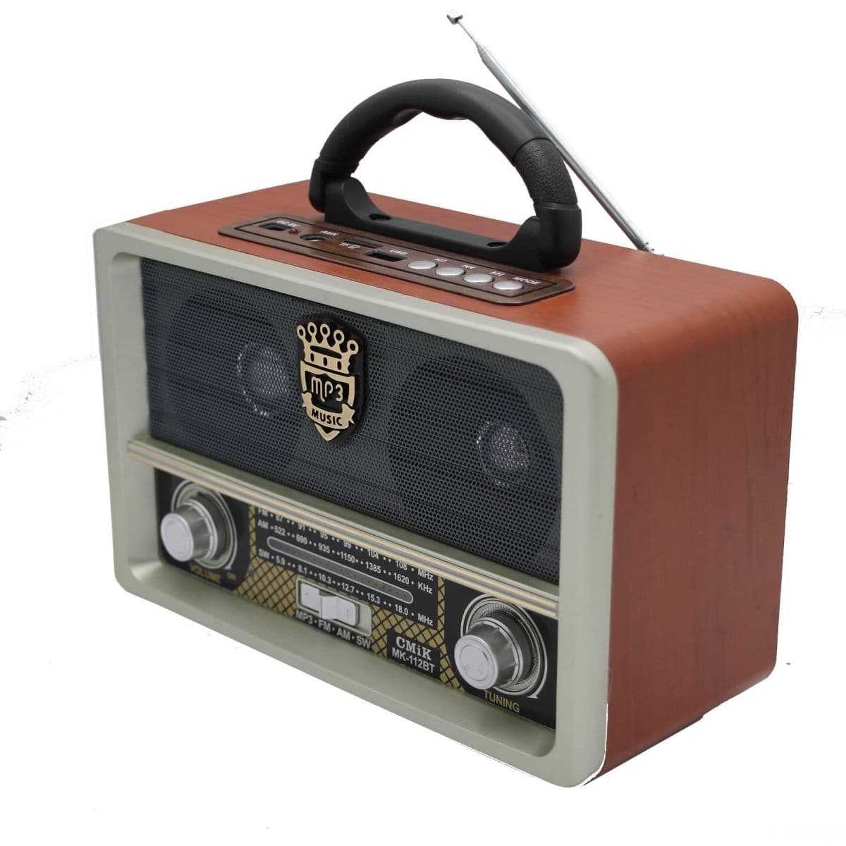 Retro přenosné rádio s Bluetooth, USB, TF (microSD) a FM tunerem - CMiK MK-112BT - Světle hnědé - náhled 2