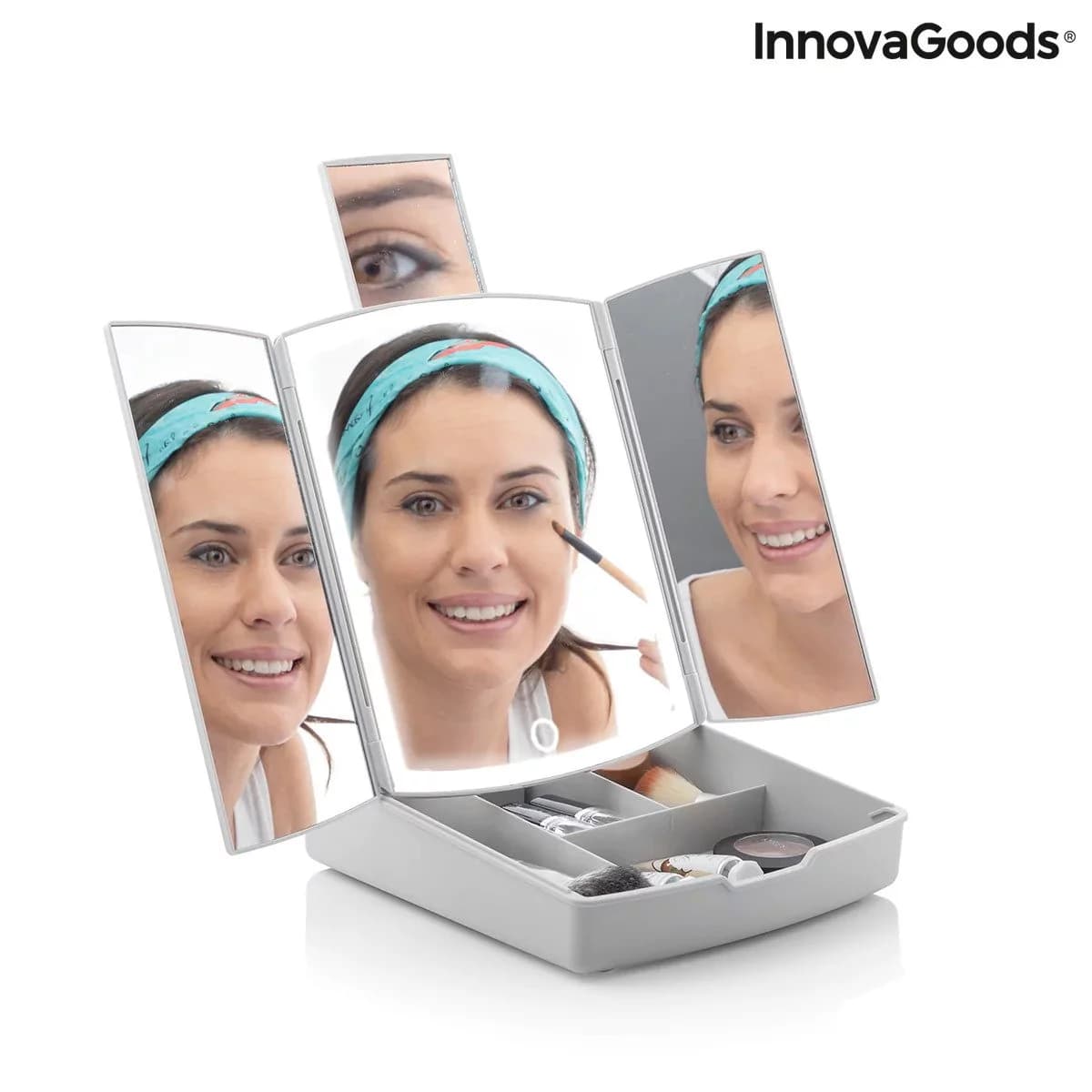 Skládací zrcátko s LED světlem 3 v 1 s organizérem make-upu Panomir - InnovaGoods - náhled 3