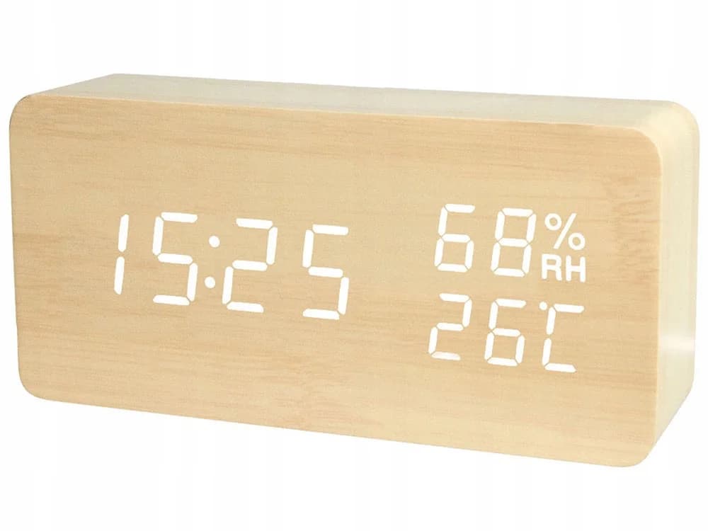 Elektronický budík s teploměrem a vlhkoměrem VERK - USB - dřevěný dekor - náhled 2