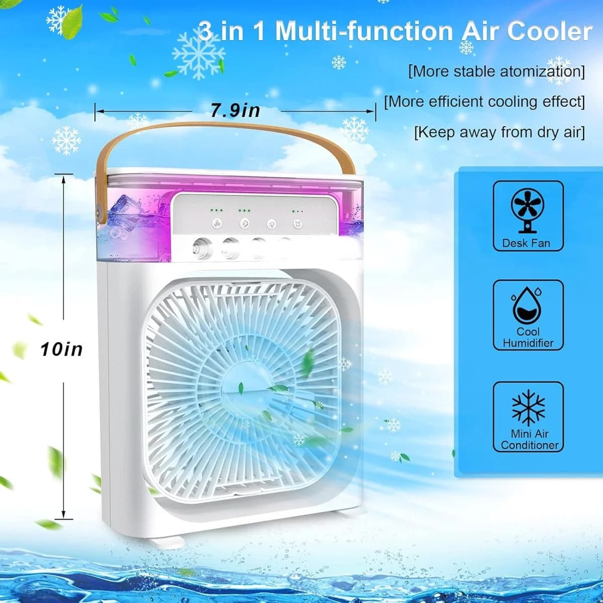 Domácí přenosný ventilátor 3 v 1 se zvlhčovačem vzduchu - náhled 3