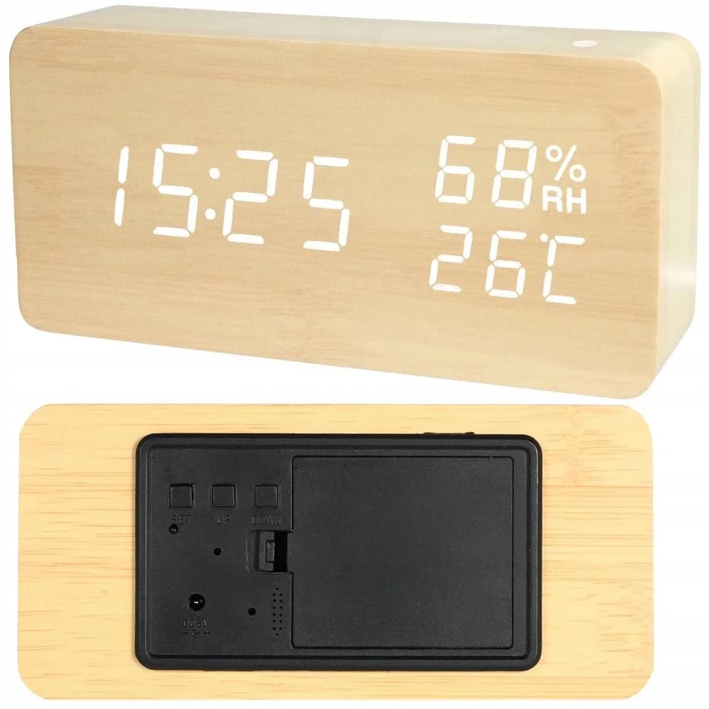 Elektronický budík s teploměrem a vlhkoměrem VERK - USB - dřevěný dekor