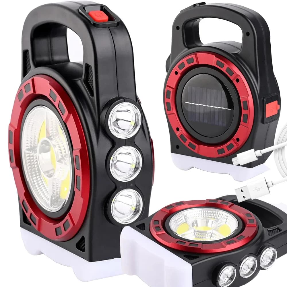 VERK Přenosná dobíjecí solární LED svítilna HB-6678C s funkcí powerbanky - červená