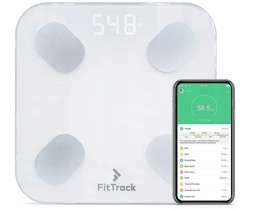 Digitální skleněná koupelnová váha FitTrack The Dara BMI - bílá